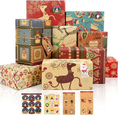 12 hojas de papel de regalo de Navidad, papel kraft vintage con patrones mixtos para decoración de fiestas de Navidad, manualidades, papel de