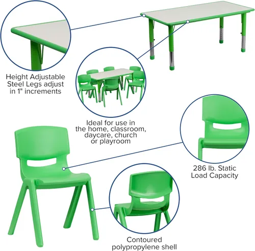 Miniatura 3 de BizChair Juego de mesa de actividades de plástico verde de 23.625 pulgadas de ancho x 47.25 pulgadas de largo, 6 sillas