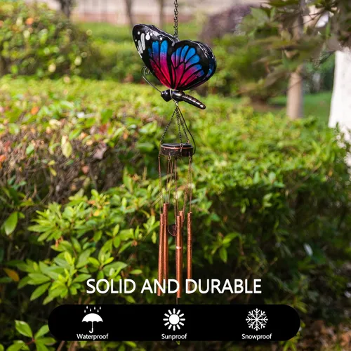 Miniatura 5 de Campanillas de viento solares para exteriores, diseño de mariposa, decoración exterior para patio, porche, jardín (azul)