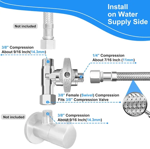 Miniatura 2 de Kit de línea de agua para refrigerador - Línea de agua trenzada de acero inoxidable de 10 pies para máquina de hielo con válvula de parada en T