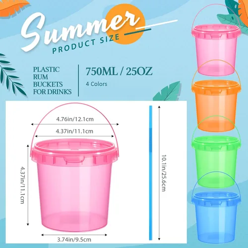 Miniatura 2 de Funnymoom Paquete de 36 cubos de plástico para ron para bebidas con pajita, cubeta de cóctel para helado, con tapas y asas, recipientes de alimentos