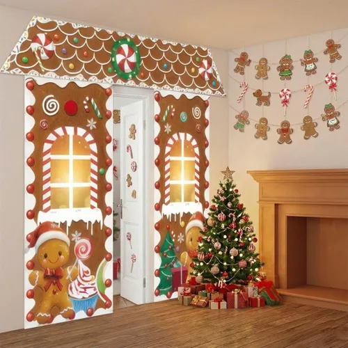 Miniatura 4 de Puerta de Pan de Jengibre de Navidad con Luces, Decoraciones de Cubierta de Cartón, Letrero de Pancarta de Porche de Dulces de Casa de Pan