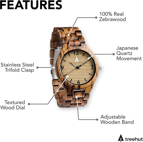Miniatura 4 de treehut Wooden Watch for Men with Adjustable Band and Stainless Steel Clasp Japanese Quartz Analog Watch with Gift Box Wrist Wood Watch Made from