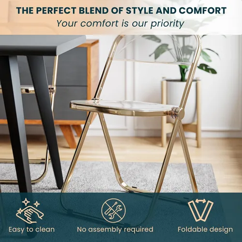 Miniatura 4 de LeisureMod Juego de 2 sillas plegables modernas de acrílico transparente Silla de escritorio con marco de metal dorado Cómoda silla decorativa