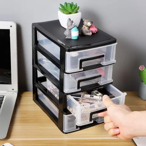 Miniatura 2 de Organizador de almacenamiento de escritorio de 4 cajones, contenedores de plástico, organizador de aparador para el hogar (negro y transparente)