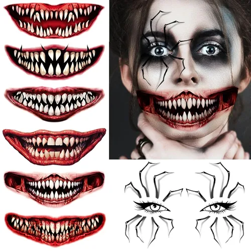 Miniatura 11 de GOROMON Juego de 6 hojas de tatuajes temporales de The Joker para Halloween, calcomanías de tatuajes de bromista de escuadrón suicida para mujeres