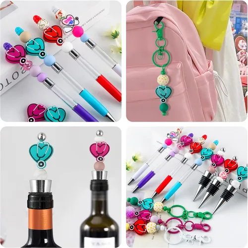 Miniatura 4 de Sunrony 15 cuentas focales de silicona para hacer llaveros, cuentas de silicona focales de estetoscopio para bolígrafos, pulseras, collares