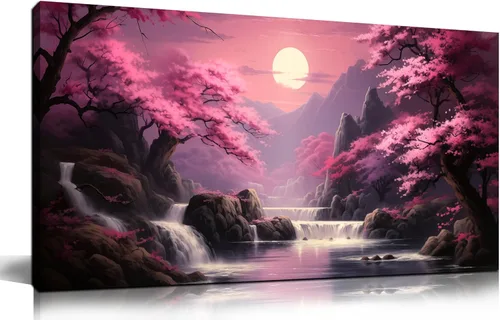 Arte de pared de paisaje para sala de estar, dormitorio, oficina, arte de pared rosa, luna, lago y montaña, arte moderno enmarcado, decoración de