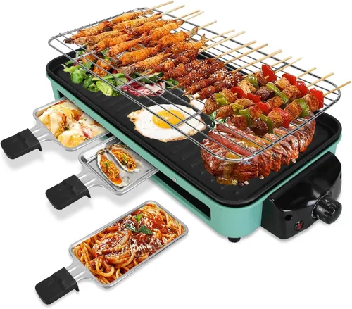 Parrilla eléctrica de interior de 1500 W, parrilla de mesa raclette portátil sin humo para interiores, parrilla coreana para cocina con red de