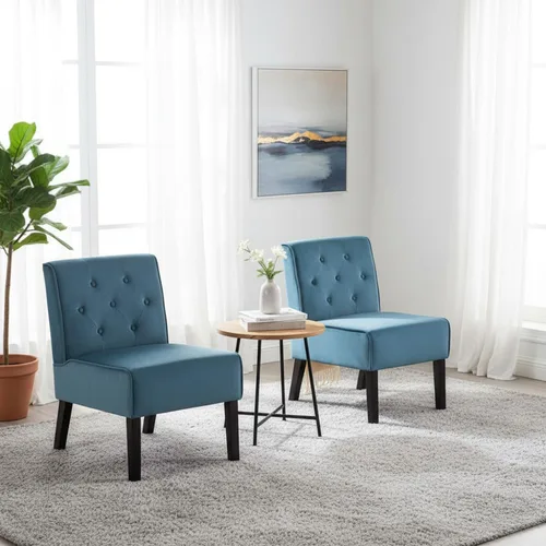 Miniatura 15 de Container Furniture Direct Reese - Silla moderna de mediados de siglo para sala de estar, sin brazos, con botones y patas de madera maciza, 2 Azul