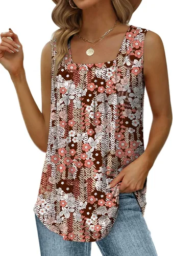 Miniatura 101 de Saloogoe - Camisetas sin mangas veraniegas para mujeres, plisadas con cuello cuadrado y dobladillo curvado, blusas de ajuste holgado con movimiento