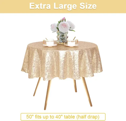 Miniatura 3 de PartyDelight Mantel de lentejuelas redondo de 50 pulgadas, color dorado claro, adorno de mesa para decoración de bodas, fiestas, cumpleaños