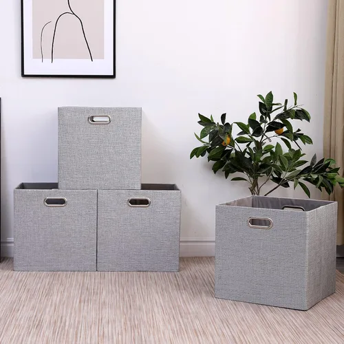 Miniatura 7 de Contenedores de almacenamiento de 13 x 13 x 13 pulgadas, caja plegable de lino con asas, cesta de organización plegable, juego de 4 cestas de gran