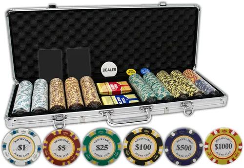 DA VINCI Monte Carlo Poker Club - Juego de 500 fichas de 0.49 oz y 3 tonos con funda de aluminio mejorada, 2 barajas de cartas de plástico, 2 cartas