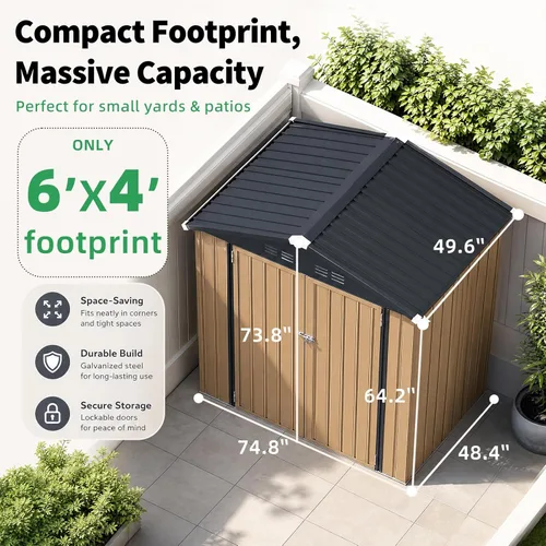Miniatura 6 de AECOJOY Cobertizo de almacenamiento de metal para exteriores de 4 x 6 pies, cobertizo de herramientas de jardín resistente con puerta doble con Gris