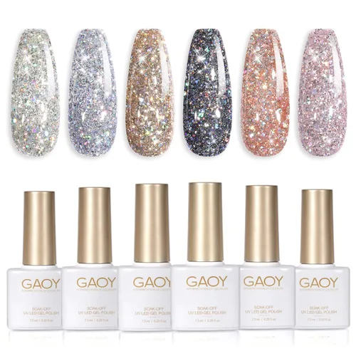 GAOY Juego de Esmalte de Uñas con Purpurina Cromado Platino, 6 Colores Incluyendo Esmalte en Gel Brillante Resplandeciente UV LED Removible Negro