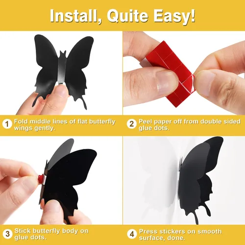 Miniatura 6 de Decoración de pared de mariposa 3D, 48 unidades, calcomanías negras pulidas, 3 tamaños, calcomanías de mariposa duraderas, arte de pared