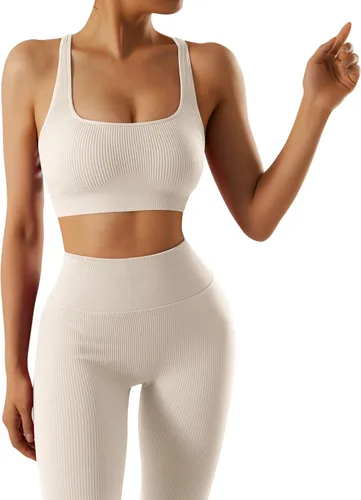 Miniatura 3 de OMKAGI Conjunto de entrenamiento acanalado para mujer, sin costuras, brasier deportivo con tiras y levantamiento de glúteos