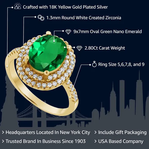 Miniatura 2 de Gem Stone King Anillo de esmeralda simulada de plata chapada en oro amarillo de 18 quilates para mujer