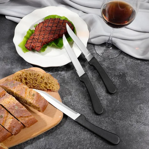 Miniatura 4 de Gisafai 150 cuchillos de carne de acero inoxidable con hoja puntiaguda mango de plástico negro para cocina, restaurante, vajilla, camping