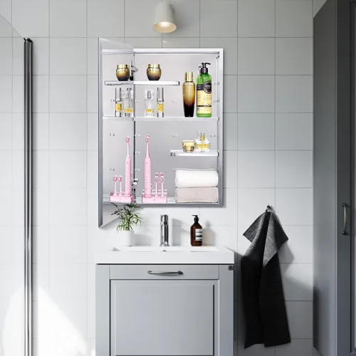 Miniatura 6 de Fundin Armario de pared de baño con estantes de corte medio, gabinete de almacenamiento de acero inoxidable de 14.8 x 25.6, botiquín de baño/sala