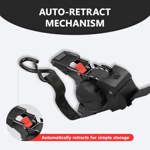 Miniatura 5 de Correas de trinquete retráctiles (paquete de 2) – 1 pulgada x 10 pies resistentes con retracción automática, ganchos de bloqueo de seguridad y 1650