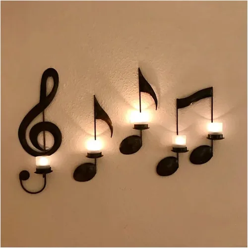 Aplique de pared de notas musicales negras, portavelas estilo nota musical vintage, decoración de pared de notas musicales de clave aguda,