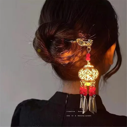 Miniatura 9 de Gancho de pelo con luz de linterna Bincout Meerore, accesorio de pelo con borla enrollada, estilo antiguo, para mujer #04