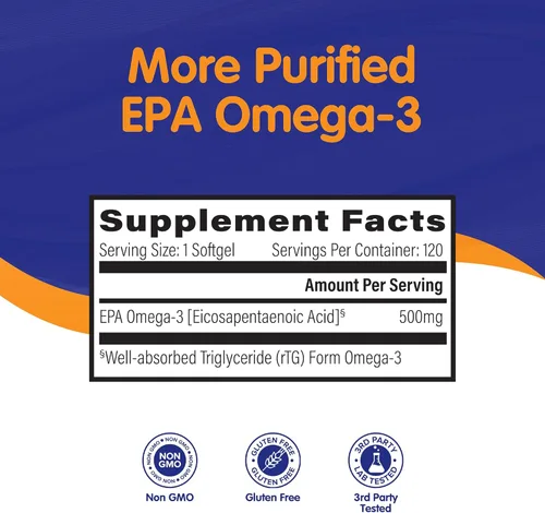 Miniatura 3 de OmegaVia Aceite de pescado EPA 500 Omega-3, 120 cápsulas, 500 mg de EPA/píldora, fórmula EPA de alta pureza (forma de triglicérido), certificado