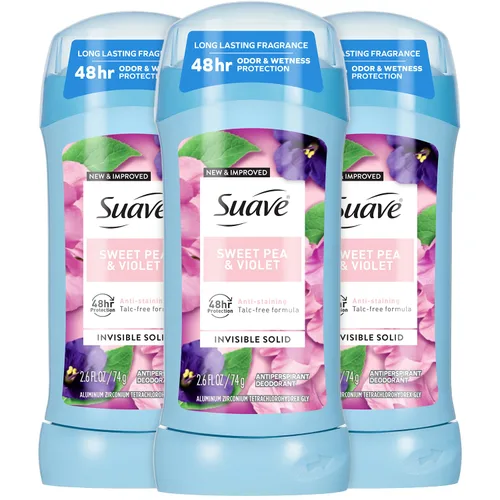 Suave Desodorante antitranspirante para mujer, Sweet Pea & Violet paquete de 3 – Barras sólidas invisibles antimanchas, sin talco, 2.6 onzas Ea