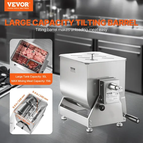 Miniatura 2 de VEVOR Mezclador manual de carne, equipo de procesamiento de carne de tanque inclinable, capacidad máxima de mezcla de carne de 15 libras, acero
