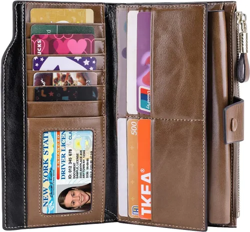 Miniatura 15 de Itslife - Cartera de piel sintética encerada para mujer con bloqueo de identificación de radio frecuencia (RFID), de gran capacidad, encerada