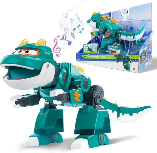 Super Wings Toys Tino - Dinosaurio de 15 pulgadas, temporada 6, nuevo personaje, figuras de acción de Dinasour con niebla de agua, luz intermitente,