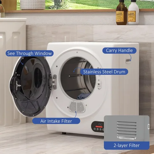 Miniatura 4 de HOMCOM Secadora de ropa portátil, secadora de ropa compacta con tambor de acero inoxidable de 1.5 pies cúbicos, secado inteligente, secadora