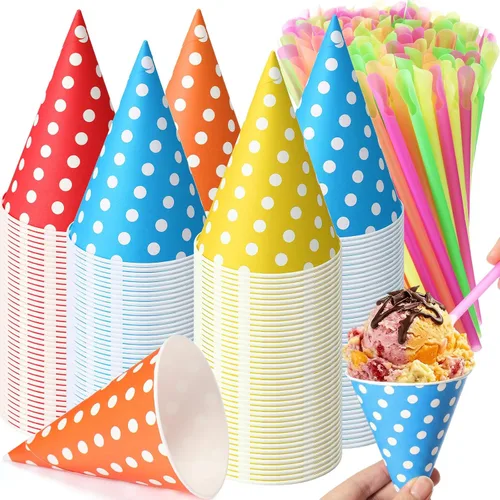 Miniatura 9 de Eaasty 200 tazas de cono de nieve y pajitas, cucharas de 4.5 onzas, popotes de papel desechables, cuchara de paja para aguanieve, helado afeitado