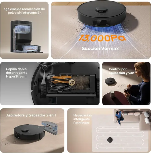 Miniatura 10 de dreame Robot aspirador y trapeador D20 Plus, succión de 13,000 Pa, vaciado automático con bolsa de polvo de 5 L, DuoBrush para pelo de mascotas