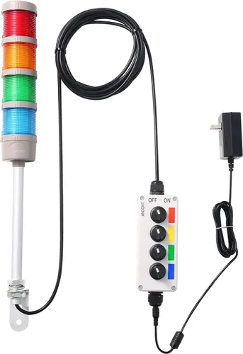 Miniatura 2 de Luz de señal LED Andon de 4 pilas con zumbador, rojo/amarillo/verde/azul, encendido/apagado/flash, interruptor selector ABB, adaptador de corriente