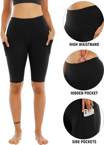 Miniatura 3 de WHOUARE Paquete de 4 pantalones cortos de yoga con bolsillos para mujer, cintura alta, atléticos, correr, entrenamiento, gimnasio, control de abdomen