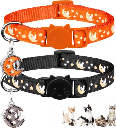 Miniatura 15 de Baeuppit 2 collares de gatos separables para niños y gatos, ajustables, con campana, color negro y azul claro Negro + azul claro