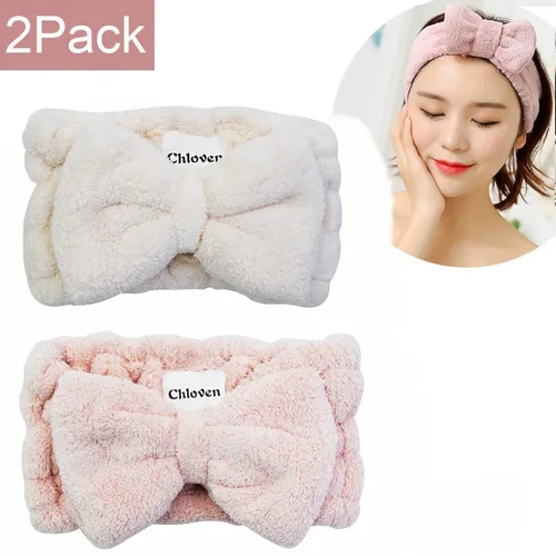 Miniatura 5 de Chloven Paquete de 2 diademas de microfibra con pajarita de maquillaje facial, diadema cosmética, lazo para el cabello, spa, yoga, deportes, ducha