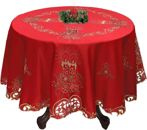 Creative Linens Mantel Navideño Bordado con Flor de Pascua Vela Campana de 68" Redondo con 8 Servilletas ROJO Dorado