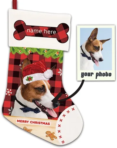 Foto personalizada de tu perro, calcetín de Navidad a cuadros rojos, lindo perro, nombre personalizado, árbol de Navidad, Navidad, árbol de Navidad,