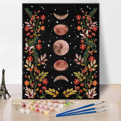 Miniatura 8 de TUMOVO Pintura por Números para Adultos Jardín con Luz de Luna Pintura por Números para Adultos Fase Lunar Rodeada de Enredaderas y Flores Negro Kit