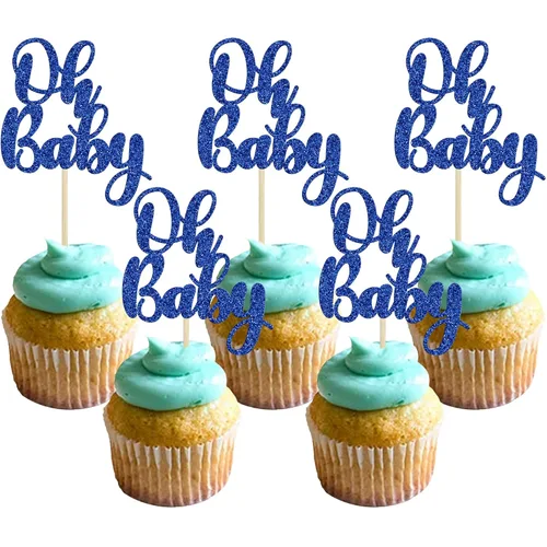Miniatura 13 de Gyufise 36 piezas de decoraciones para cupcakes Oh Baby, arcoíris rosa y azul con purpurina, para baby shower, revelación de género, cupcakes para B