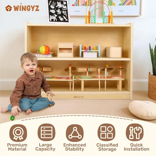 Miniatura 4 de WINGYZ Gabinete de almacenamiento de madera, organizador de almacenamiento de juguetes para niños de 2 niveles, espaciosa estantería Montessori