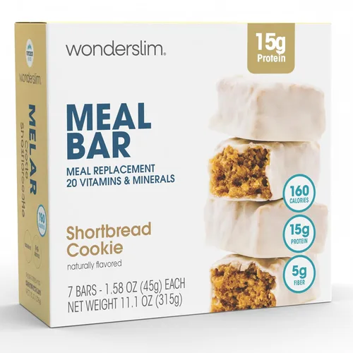 Miniatura 15 de Barra de proteínas WonderSlim para reemplazo de comida, Caramelo y Cacao, 15g de proteína, 20 vitaminas y minerales, sin gluten (7 unidades)