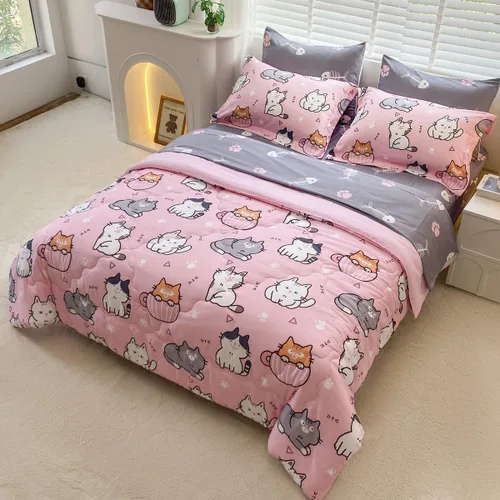 Miniatura 6 de Juego de edredón de 7 piezas con diseño de gatos para niñas, tamaño completo, ropa de cama en una bolsa, diseño rosa de dibujos animados de gatos