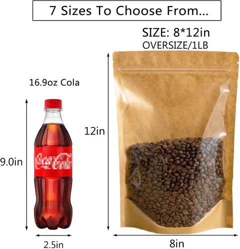 Miniatura 5 de 50 bolsas de papel kraft con ventana transparente Fornt bolsas resellables de pie con cierre de cremallera, bolsas de almacenamiento de alimentos