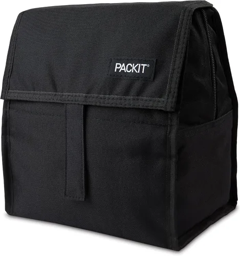 Miniatura 2 de PackIt Bolsa de almuerzo congelable, negra, fabricada con tecnología EcoFreeze, plegable, reutilizable, cierre con cremallera y doblez con asa