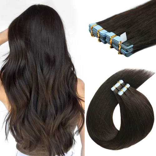 Miniatura 8 de Extensiones de cabello humano adhesivas de 16 pulgadas, extensiones de cabello humano lacio invisible para mujeres, 20 unidades por 1.76 oz